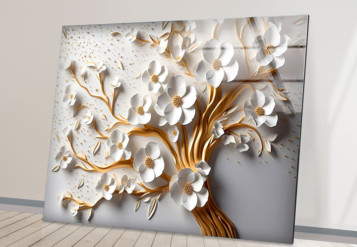Gold and White Flower Tree Glass Wall Art glass pictures for Wall, glass prints wall art
