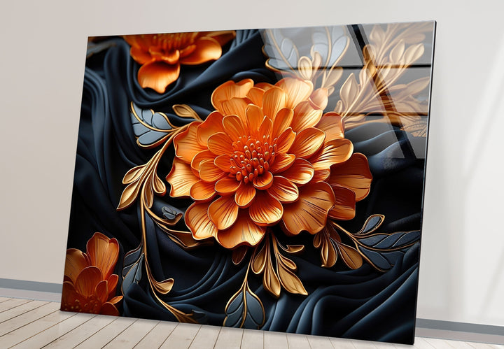 Botanical Orange & Blue Flower Glass Wall Art large glass photo prints, glass wall photos

