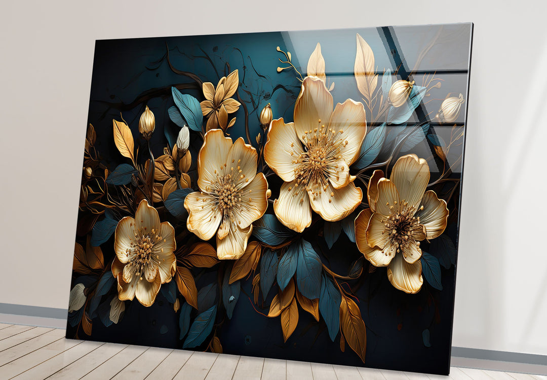 Gold & Blue Botanical Glass Wall Art Glass Printing Wall Art, Print photos on glass

