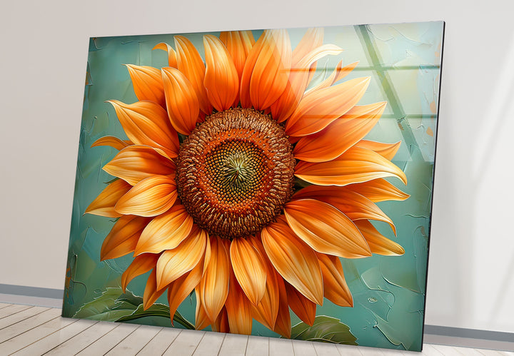 Oil Painting Orange Sunflower Glass Wall Art custom glass photo prints, large glass prints
