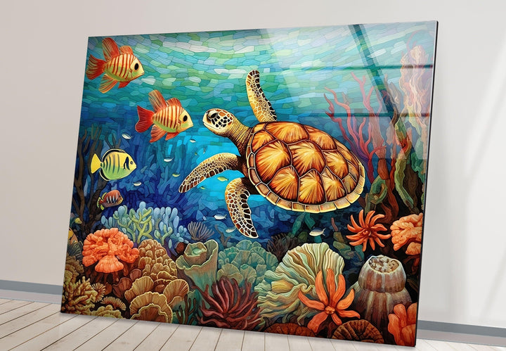 Sea Turtle & Fishes Underwater Glass Wall Art custom glass photo prints, large glass prints

