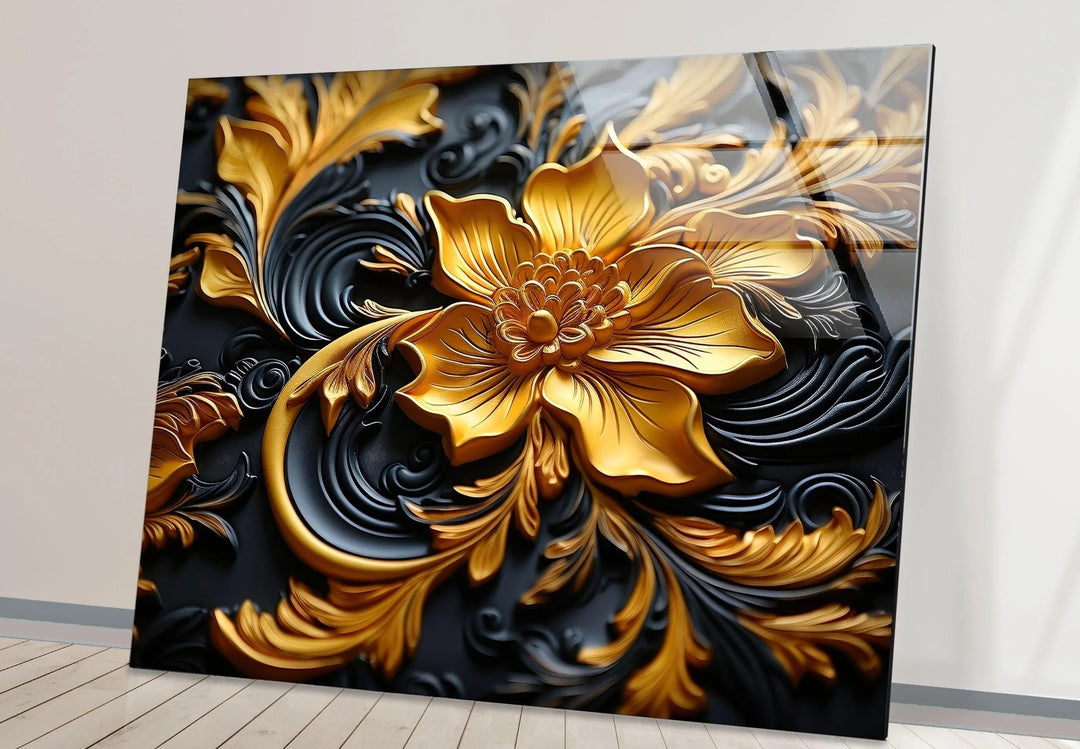 Botanical Gold & Black Flower Glass Wall Art custom glass pictures, glass art prints
