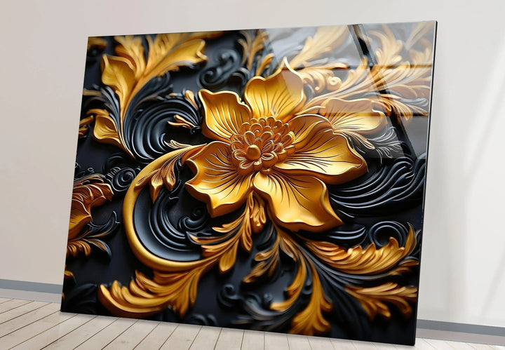 Botanical Gold & Black Flower Glass Wall Art custom glass pictures, glass art prints
