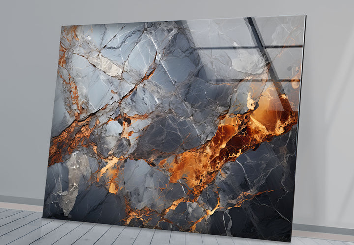 Fiery Blue Marble Glass Wall Art – Abstract Stone Texture Print