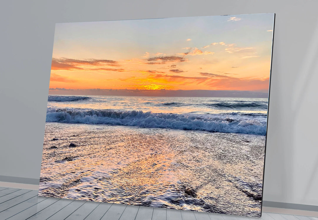 Golden Horizon Ocean Wall Art – Peaceful Sunset Beach Scene Glass Print - MyPhotoStation