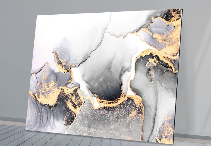 Monochrome Marble Glass Wall Art – Black White & Gold Luxury Abstract Print