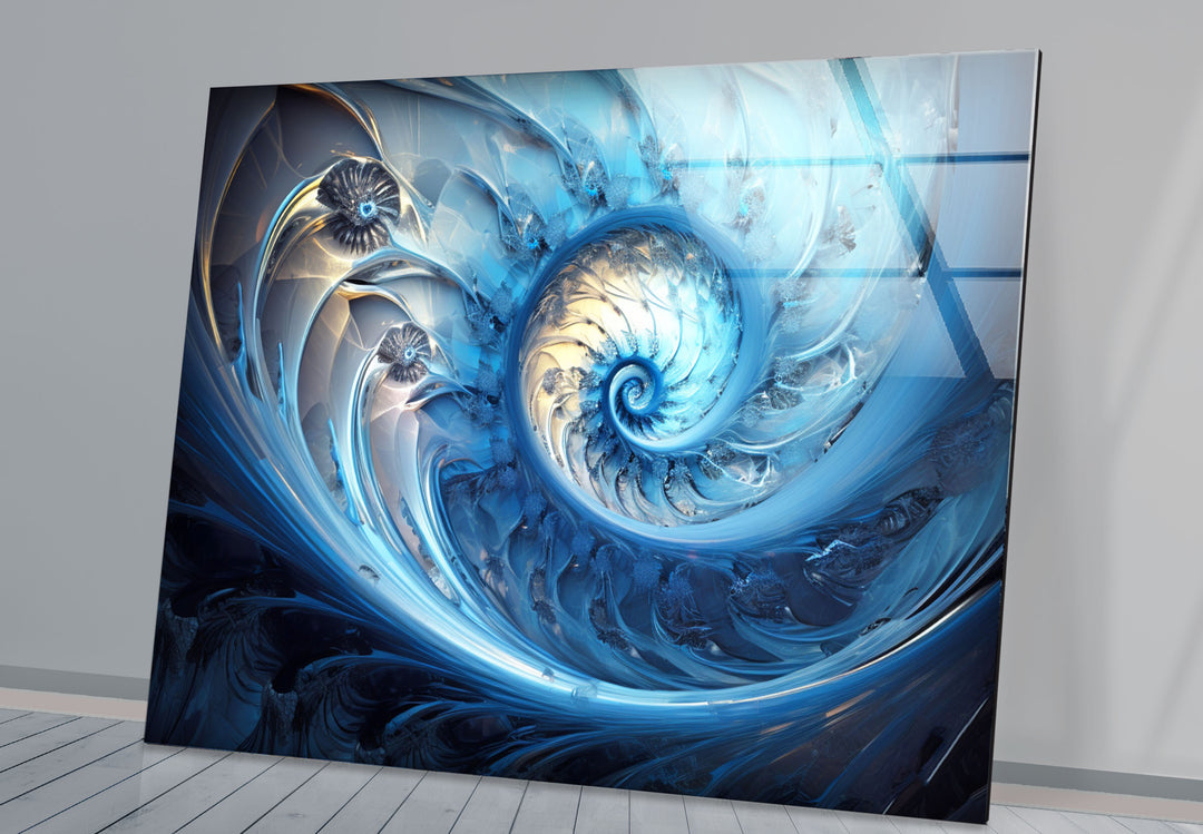 Blue Fractal Spiral Wall Art – Abstract Nautilus Glass Print for Modern Interiors