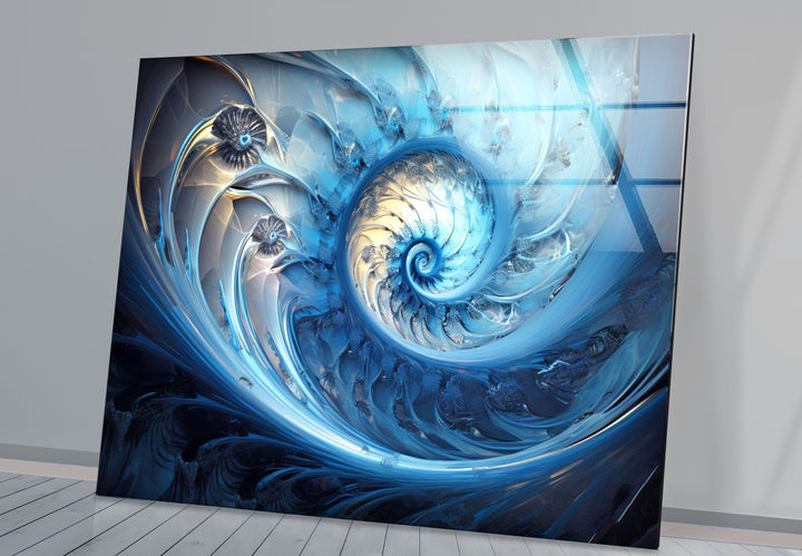 Blue Fractal Spiral Wall Art – Abstract Nautilus Glass Print for Modern Interiors