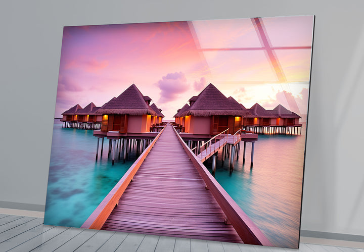 Maldives Sunset Resort Wall Art – Tropical Overwater Bungalows Glass Print Decor
