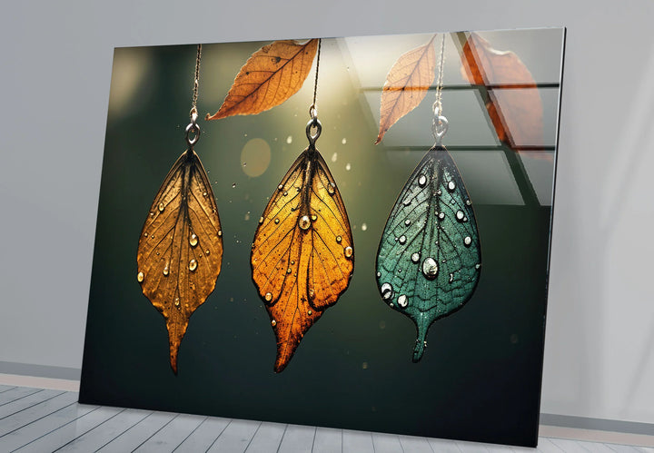 Autumn Dew Leaf Wall Art – Elegant Nature-Inspired Print with Golden & Teal Hues - MyPhotoStation