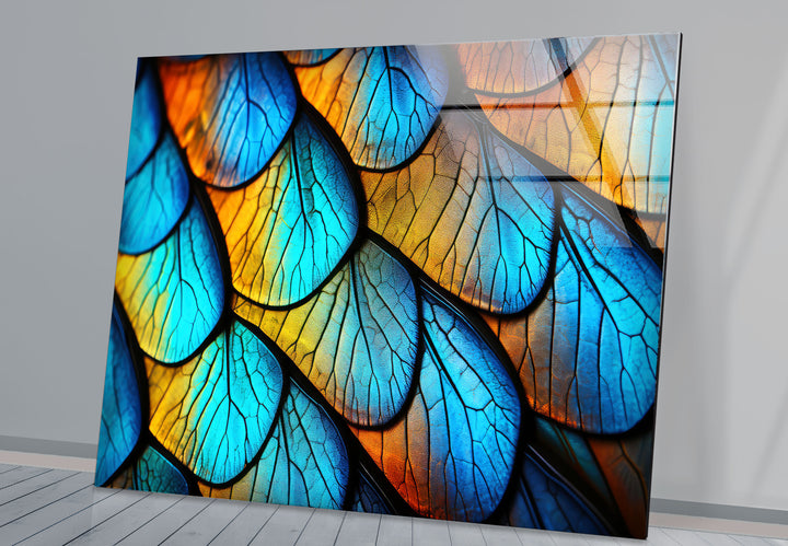 Blue Gold Leaf Texture Wall Art – Abstract Nature Pattern Glass Print