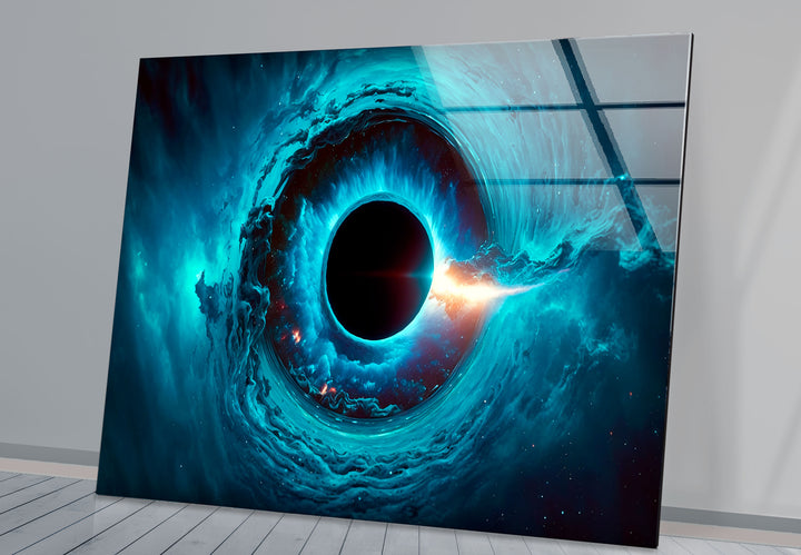 Wandkunst mit kosmischem schwarzen Loch – Blaues Wirbel-Galaxie-Glasdruckdekor 