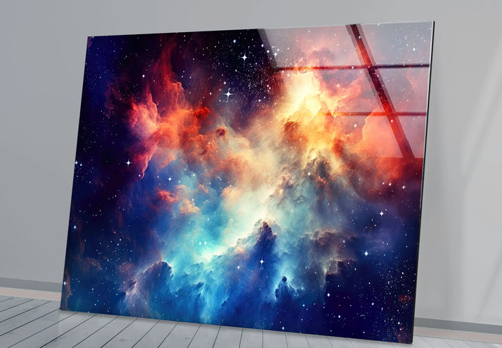 Nebula Galaxy Wall Art – Cosmic Cloud Glass Print with Vibrant Blue & Red Starburst for Futuristic Space-Inspired Decor - MyPhotoStation