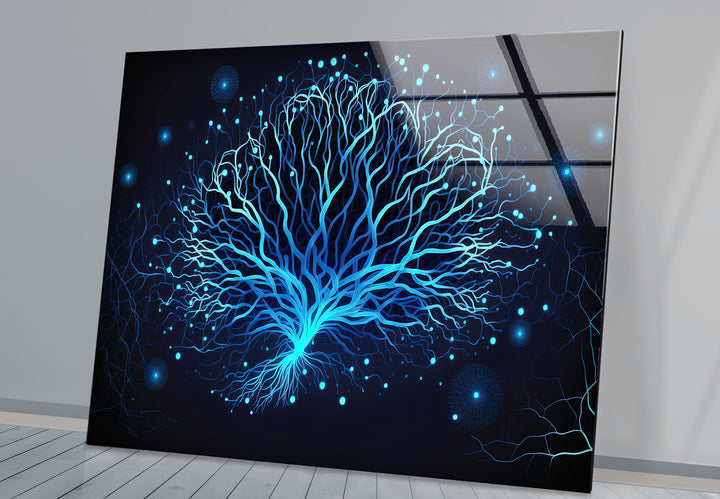Neural Tree Wandkunst – Futuristischer blauer Nervenmuster-Glasdruck für elegante Innenräume