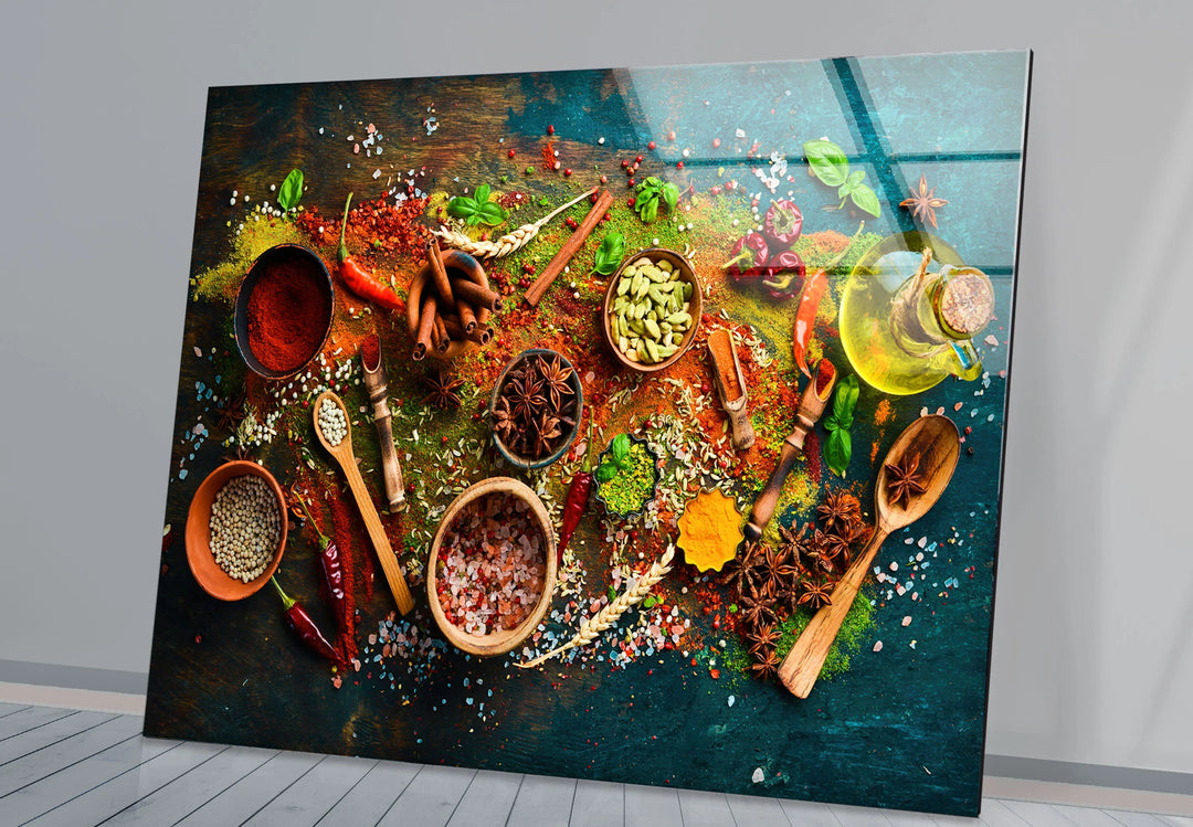 Powdered herbs and spices create the softest element in this flavorful, colorful kitchen glass wall art decor print, perfect for culinary inspiration.