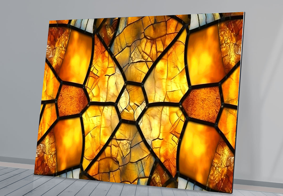 Golden Honeycomb Glass Wall Art – Amber Mosaic Geometric Decor