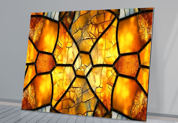 Golden Honeycomb Glass Wall Art – Amber Mosaic Geometric Decor