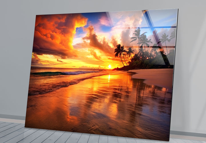 Fiery Tropical Sunset Wall Art – Vibrant Beach Reflection Glass Print for Bold Interiors