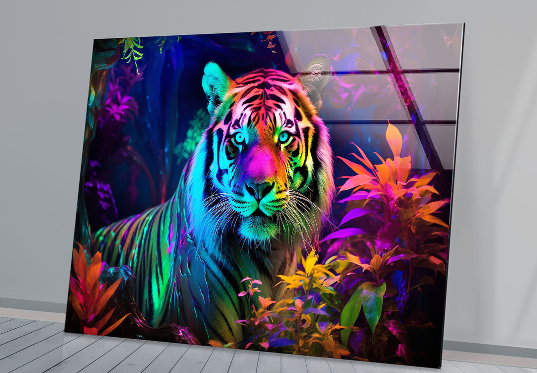 Neon Jungle Tiger Wandkunst – Lebendiger Wildlife-Glasdruck für mutige Innenräume