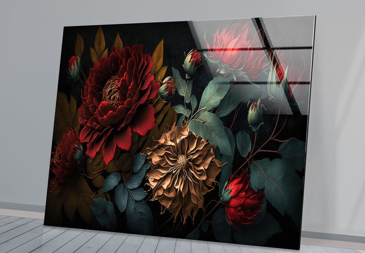 Dark Floral Elegance Wall Art – Red & Gold Botanical Glass Print