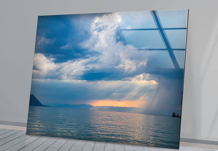 Stormy Ocean Sunset Wall Art – Moody Sea Glass Print with Sunlight Rays