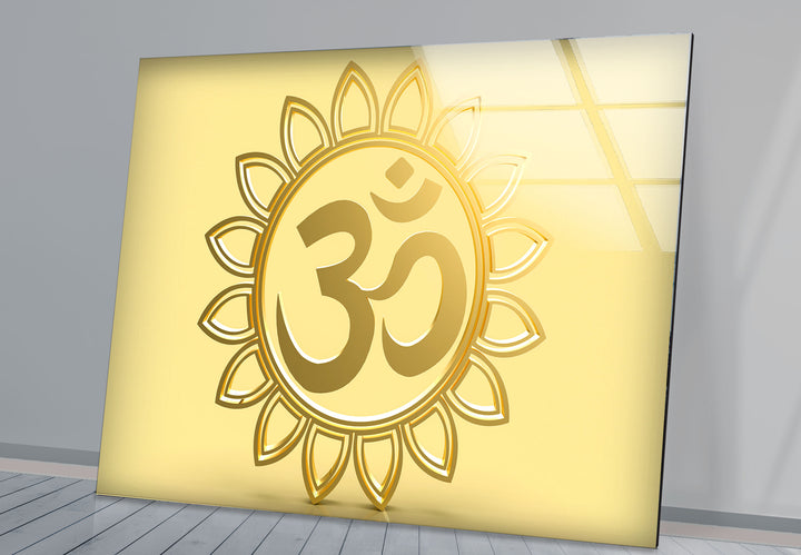 Goldenes Om-Symbol Wandkunst – Spirituelles Hindu-Dekor Glasdruck