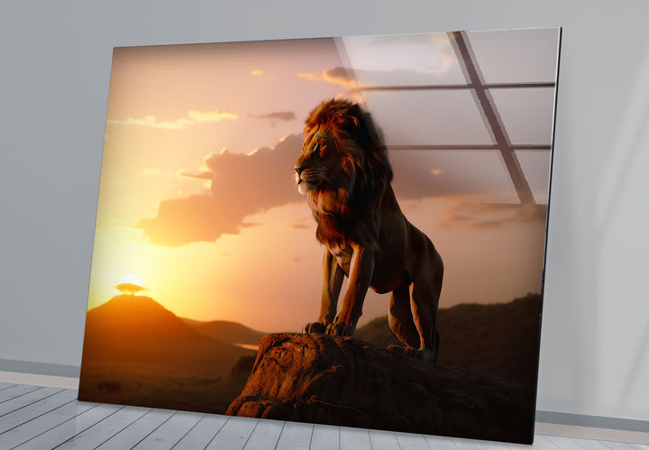 Wandkunst mit Löwe bei Sonnenuntergang – Majestätischer Glasdruck mit Safari-Szene für mutige Innenräume