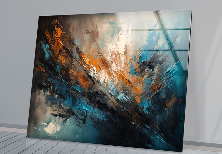 Modern Abstract Brushstroke Glass Wall Art – Teal and Copper Splash Print