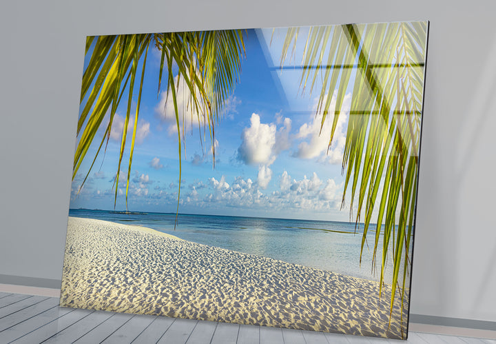 Tropical Palm Beach Wall Art – White Sand and Ocean Glass Print for Coastal Decor