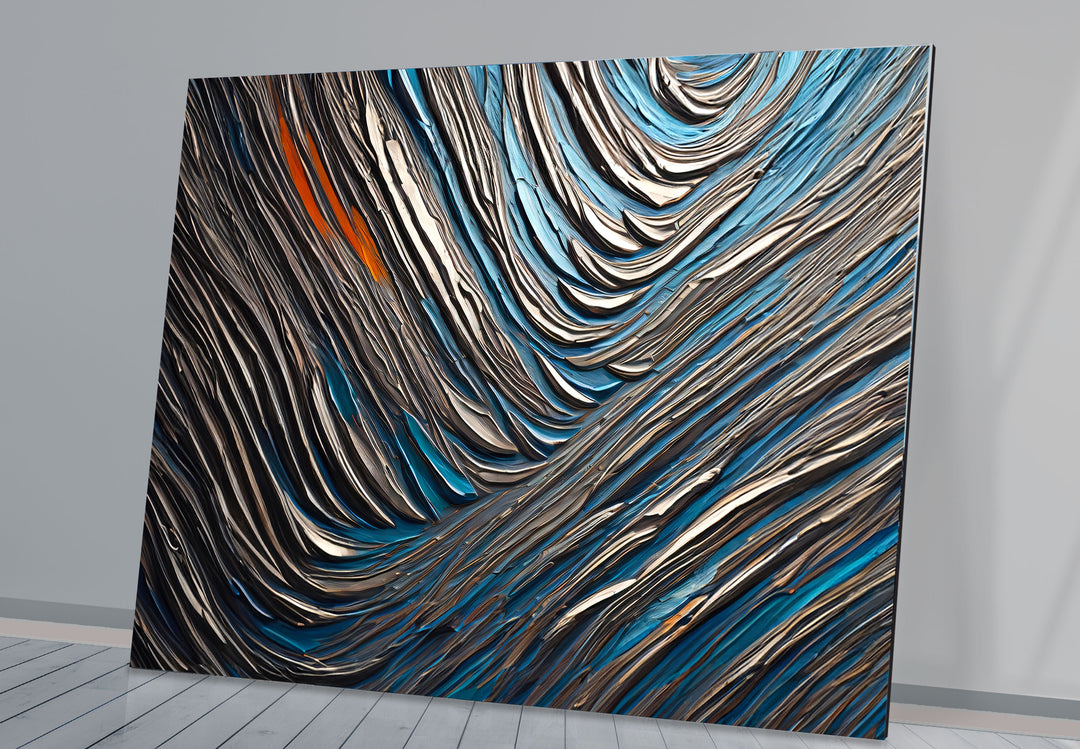 Textured Waves Abstract Glass Wall Art – Blue & Metallic Modern Decor