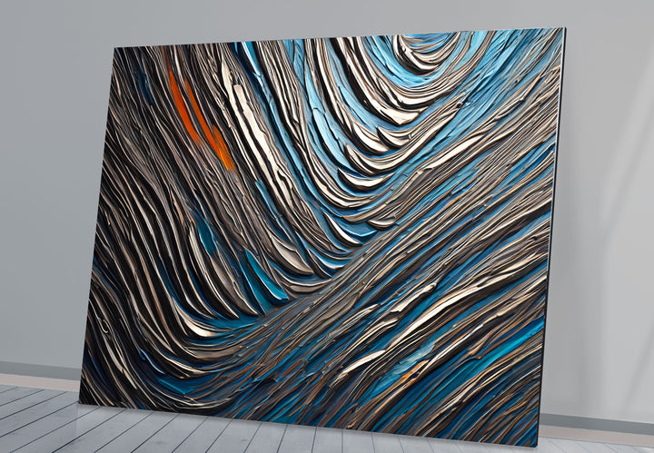 Textured Waves Abstract Glass Wall Art – Blue & Metallic Modern Decor
