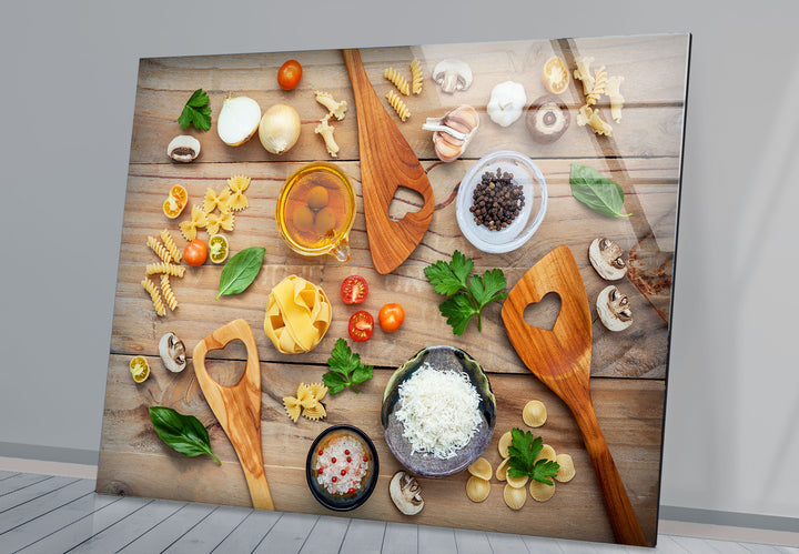 Rustic Italian Kitchen Wall Art – Culinary Glass Print Featuring Pasta, Spices & Wooden Utensils