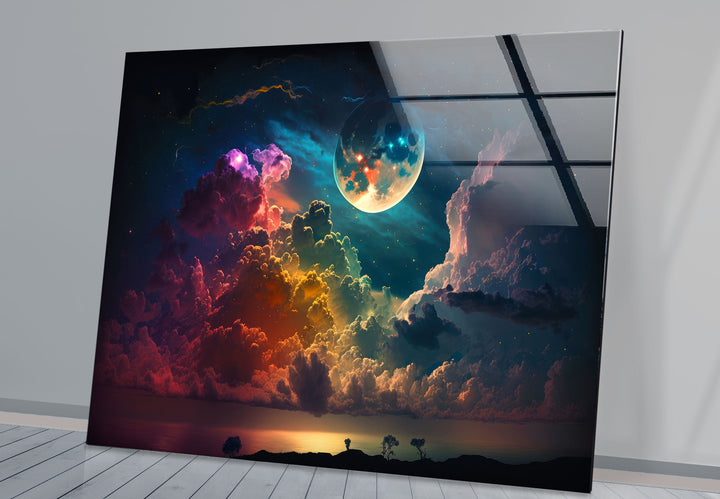 Verträumte Mondaufgang-Wandkunst – Fantasy-Himmel und Wolken-Glasdruck