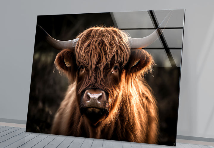 Highland Cow Wall Art – Rustic Brown Longhorn Glass Print Décor