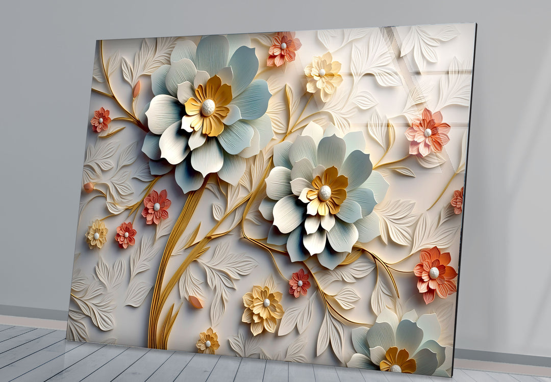 3D-Wandkunst mit blühenden Blumen – Eleganter Blumendruck aus geprägtem Glas 