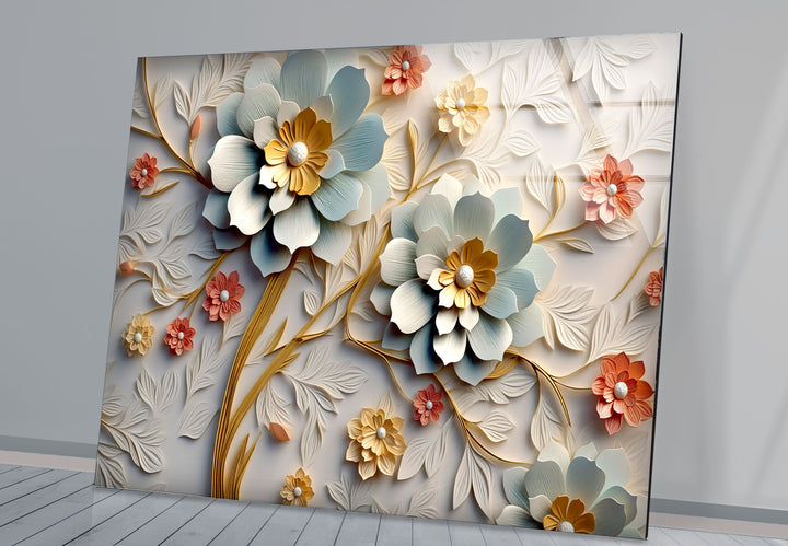 3D-Wandkunst mit blühenden Blumen – Eleganter Blumendruck aus geprägtem Glas 