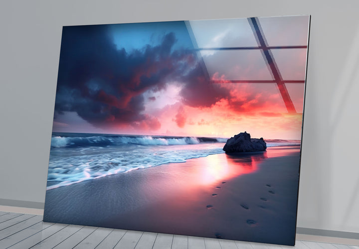 Dramatic Sunset Beach Wall Art – Stormy Sky and Footprints Glass Print for Bold Decor
