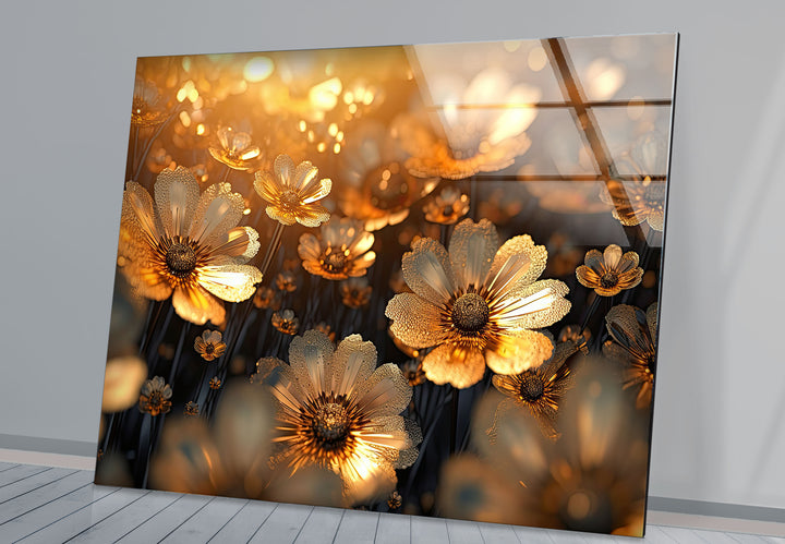 Goldene Gänseblümchenblüten-Wandkunst aus Glas – Strahlende florale Eleganz 