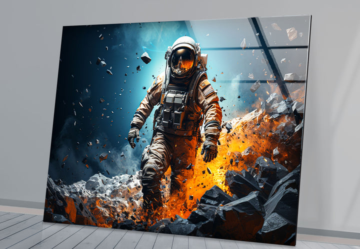 Explodierende Astronauten-Wandkunst – Weltraum-Feuer- und Steinglasdruck für mutige Innenräume