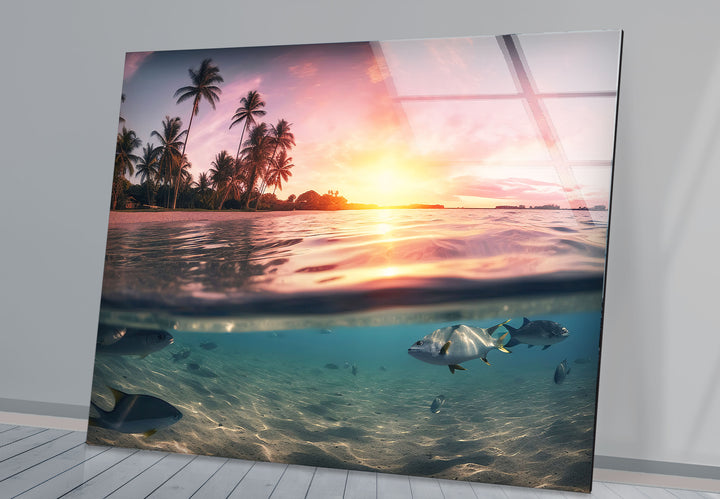 Tropical Ocean Split View Wall Art – Sunset and Underwater Scene Glass Print
