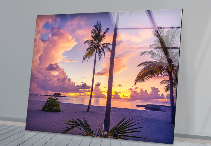 Tropical Sunset Beach Wall Art – Vibrant Palm Tree Ocean Scene Glass Print for Relaxing Home Decor