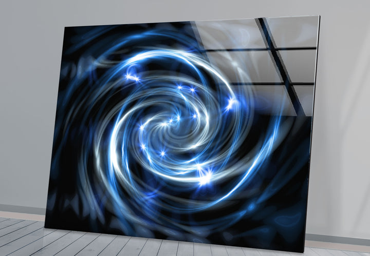 Spiralgalaxie-Wandkunst aus Glas – Blauer kosmischer Wirbel mit Sternenexplosionen