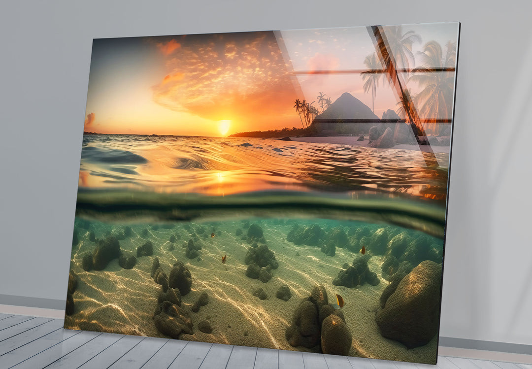 Volcanic Island Sunset Wall Art – Tropical Over Underwater Glass Print