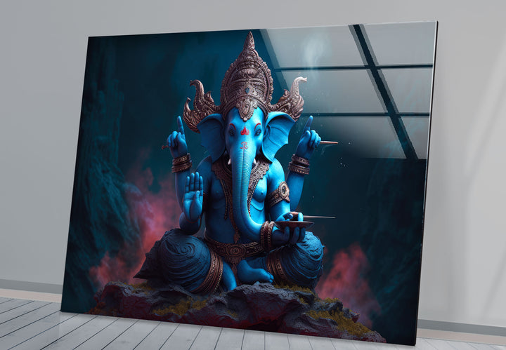 Blaue Ganesha-Wandkunst – Göttliche Hindu-Gottheit – Glasdruck für spirituelles Dekor 