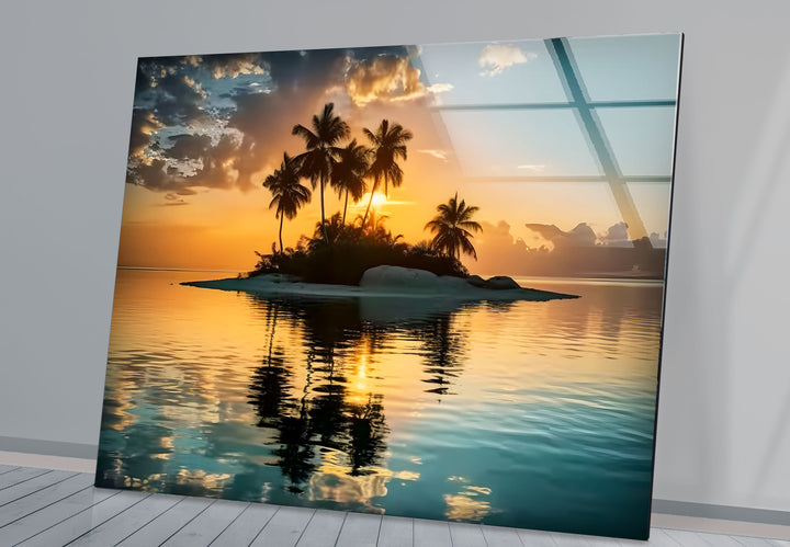 Tropical Island Sunset Wall Art – Serene Beach Glass Print for Relaxing Interiors