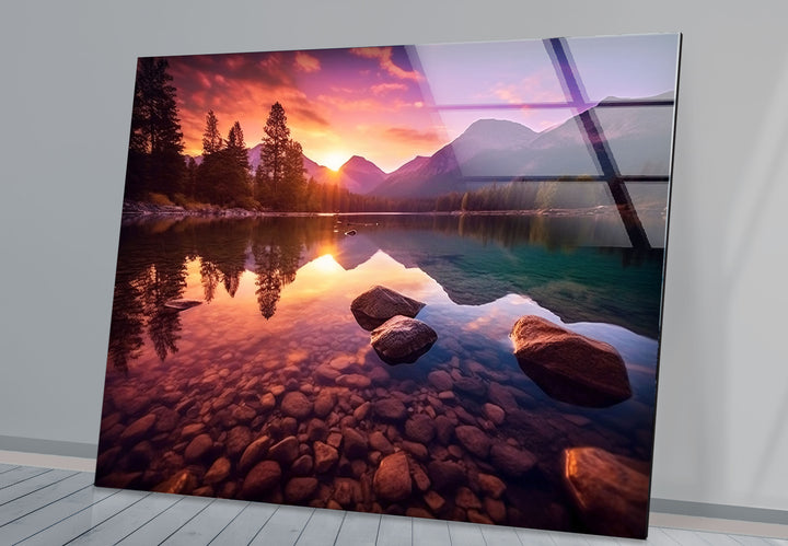 Bergsee Sonnenuntergang Wandkunst – Ruhige Natur Glas Landschaft Dekor