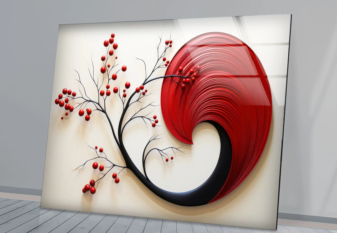Red Abstract Botanical Wall Art – Modern Glass Decor with Cherry Elements - MyPhotoStation