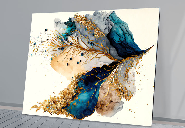Abstrakte Glaswandkunst in Gold und Blau – Luxuriöses, modernes, fließendes Design