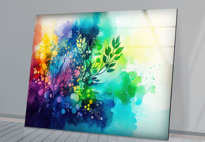 Vibrant Botanical Splash Wall Art – Colorful Nature-Inspired Glass Print for Creative Spaces