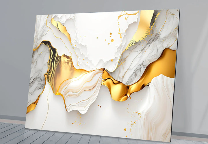 White and Gold Abstract Wall Art – Luxury Fluid Marble Glass Print for Modern Glam Interiors and Chic Living Spaces - MyPhotoStation
